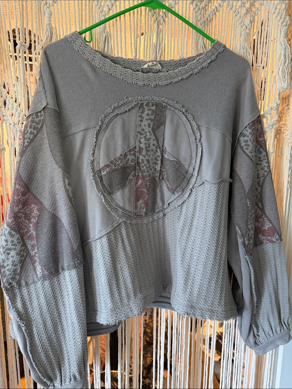 POL Neutral Gray Patchwork Peace Sign Pullover - Picture 3 of 3